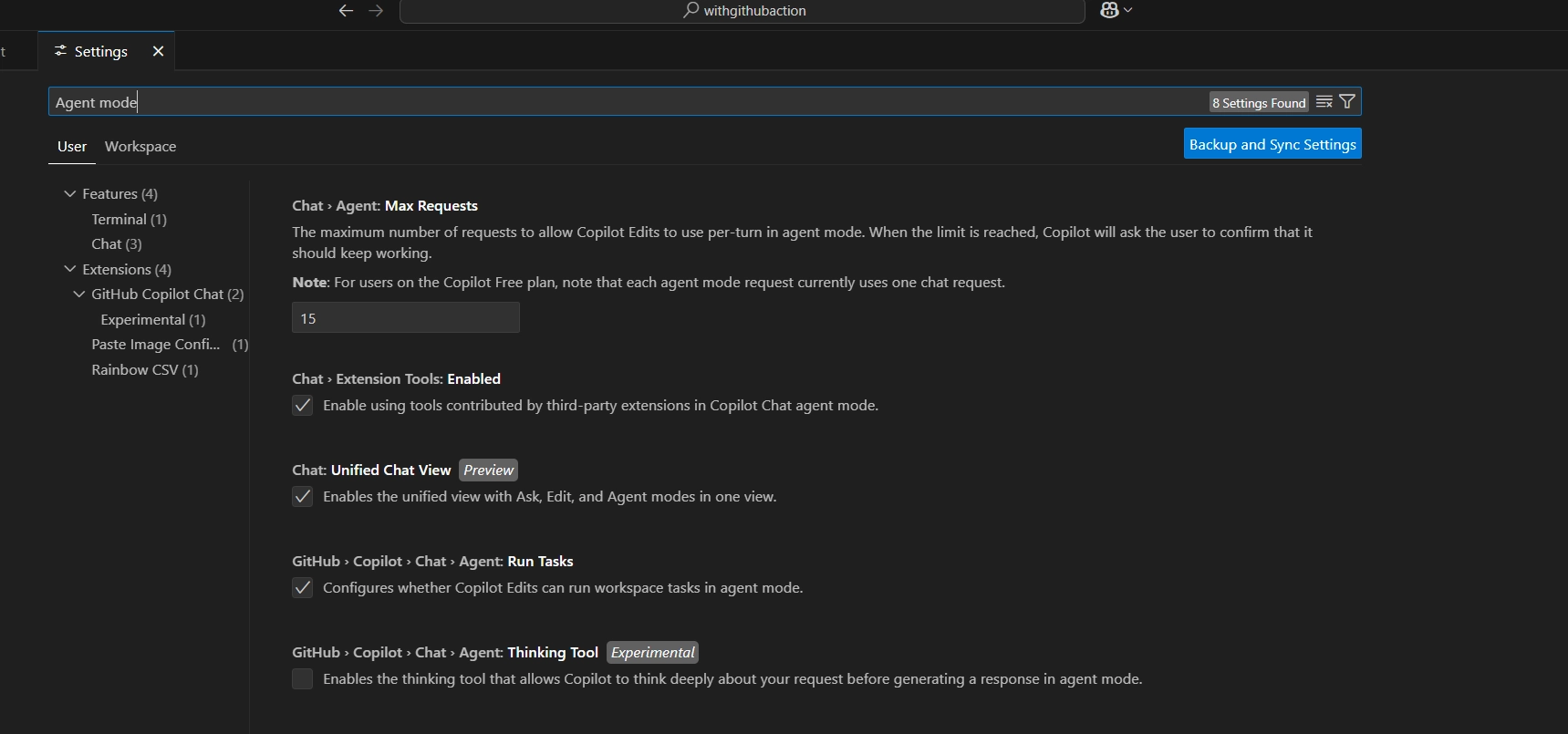 MCP設定画面でAgent modeを検索